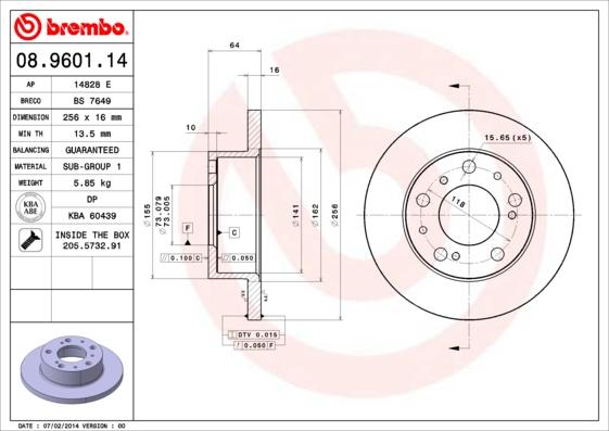 Brembo 08.9601.14 - Bremžu diski ps1.lv