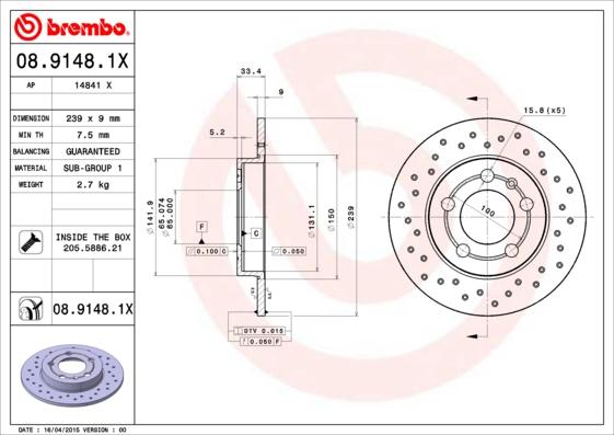 Brembo 08.9148.1X - Bremžu diski ps1.lv