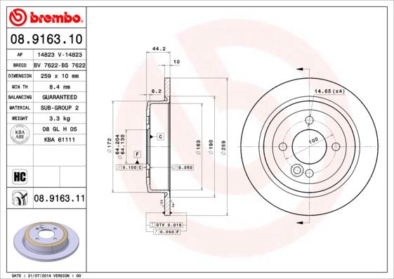 Brembo 08.9163.10 - Bremžu diski ps1.lv