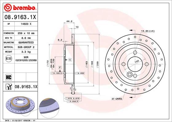 Brembo 08.9163.1X - Bremžu diski ps1.lv