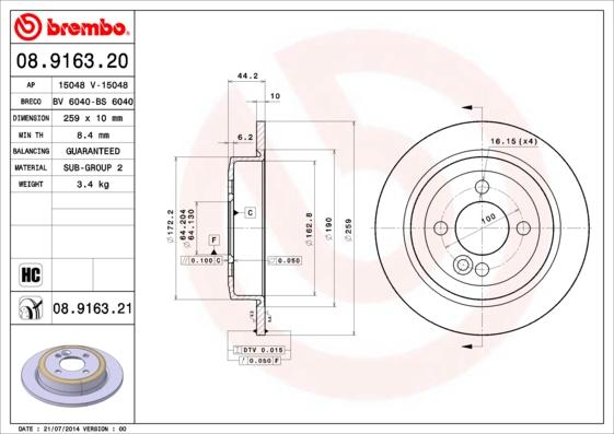 Brembo 08.9163.20 - Bremžu diski ps1.lv