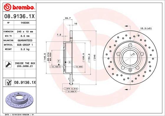 Brembo 08.9136.1X - Bremžu diski ps1.lv