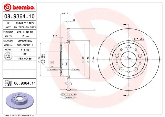 Brembo 08.9364.11 - Bremžu diski ps1.lv