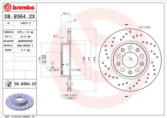 Brembo 08.9364.2X - Bremžu diski ps1.lv