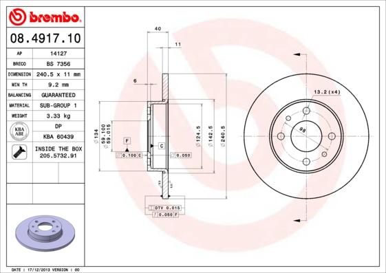 Brembo 08.4917.10 - Bremžu diski ps1.lv