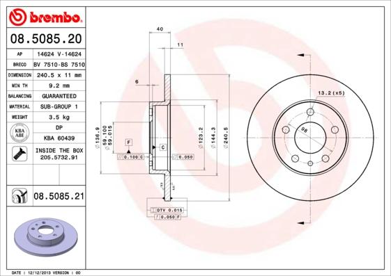 Brembo 08.5085.21 - Bremžu diski ps1.lv