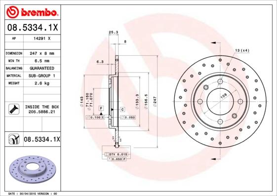 Brembo 08.5334.1X - Bremžu diski ps1.lv