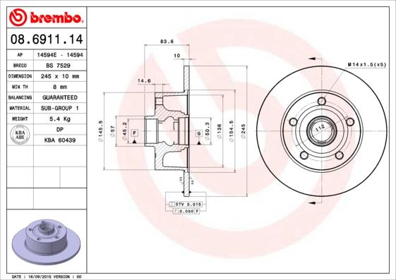 Brembo 08.6911.14 - Bremžu diski ps1.lv