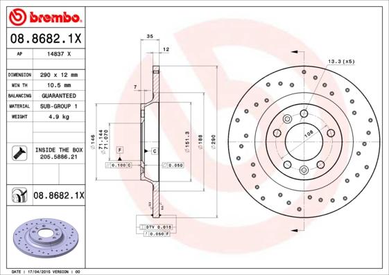 Brembo 08.8682.1X - Bremžu diski ps1.lv