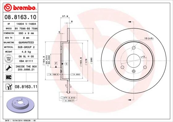 Brembo 08.8163.11 - Bremžu diski ps1.lv