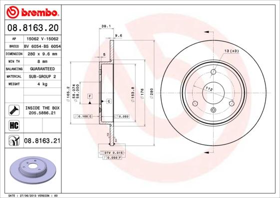 Brembo 08.8163.21 - Bremžu diski ps1.lv