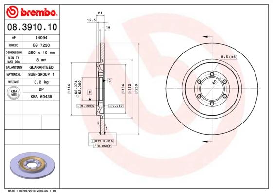 Brembo 08.3910.10 - Bremžu diski ps1.lv