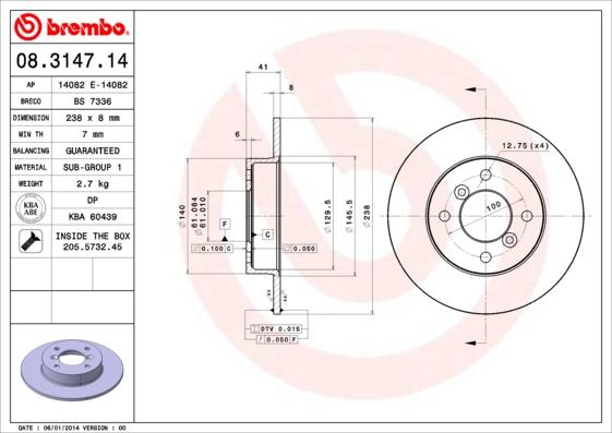 Brembo 08.3147.14 - Bremžu diski ps1.lv