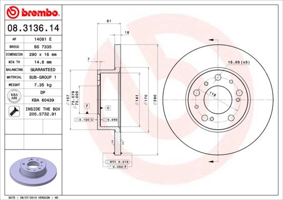 Brembo 08.3136.14 - Bremžu diski ps1.lv