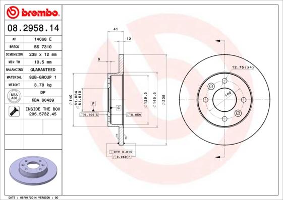 Brembo 08.2958.14 - Bremžu diski ps1.lv