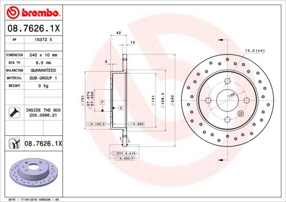 Brembo 08.7626.1X - Bremžu diski ps1.lv