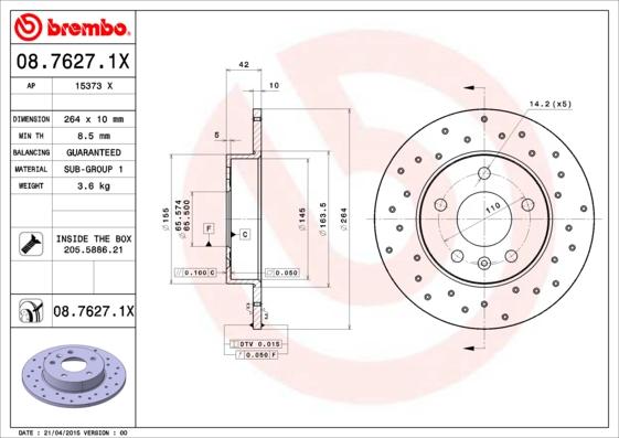 Brembo 08.7627.1X - Bremžu diski ps1.lv