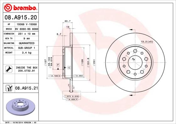 Brembo 08.A915.21 - Bremžu diski ps1.lv