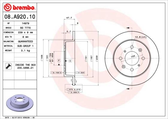 Brembo 08.A920.10 - Bremžu diski ps1.lv