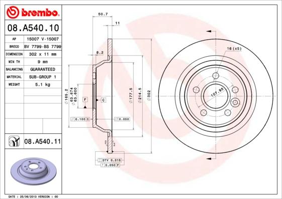 Brembo 08.A540.10 - Bremžu diski ps1.lv