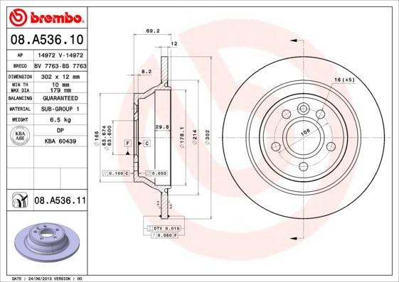 Brembo 08.A536.11 - Bremžu diski ps1.lv