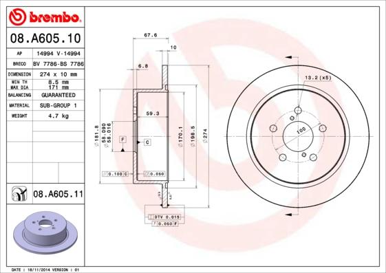 Brembo 08.A605.10 - Bremžu diski ps1.lv