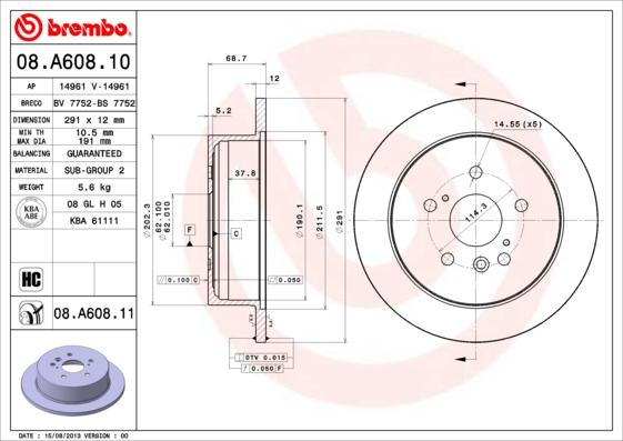 Brembo 08.A608.11 - Bremžu diski ps1.lv