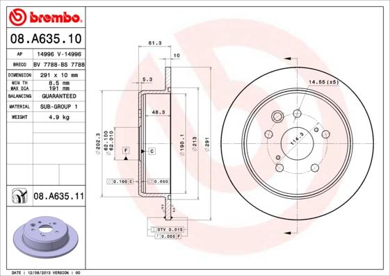 Brembo 08.A635.10 - Bremžu diski ps1.lv