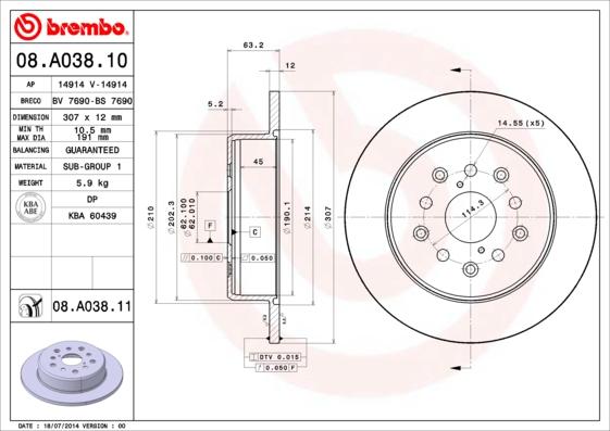 Brembo 08.A038.11 - Bremžu diski ps1.lv