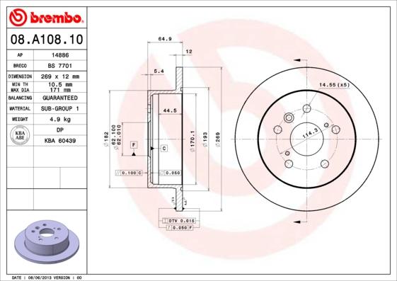 Brembo 08.A108.10 - Bremžu diski ps1.lv