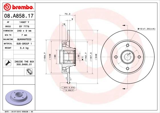 Brembo 08.A858.17 - Bremžu diski ps1.lv