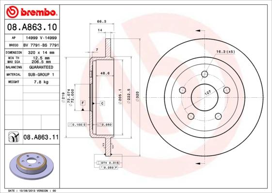 Brembo 08.A863.10 - Bremžu diski ps1.lv