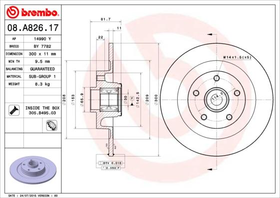 Brembo 08.A826.17 - Bremžu diski ps1.lv