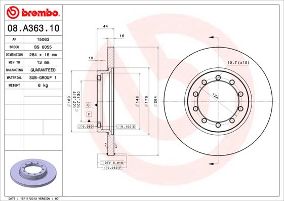 Brembo 08.A363.10 - Bremžu diski ps1.lv