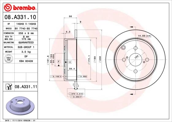 Brembo 08.A331.10 - Bremžu diski ps1.lv