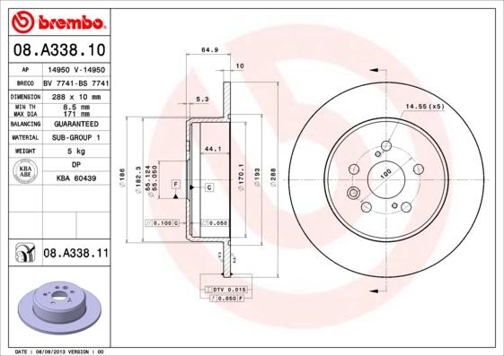 Brembo 08.A338.11 - Bremžu diski ps1.lv