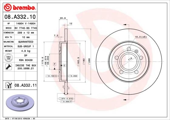 Brembo 08.A332.10 - Bremžu diski ps1.lv