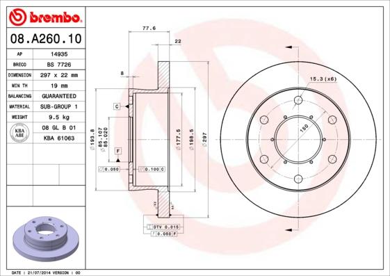 Brembo 08.A260.10 - Bremžu diski ps1.lv