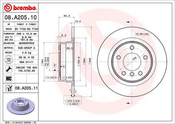 Brembo 08.A205.10 - Bremžu diski ps1.lv