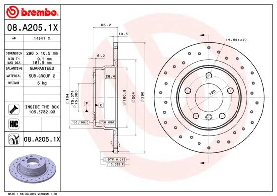 Brembo 08.A205.1X - Bremžu diski ps1.lv