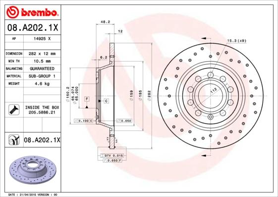 Brembo 08.A202.1X - Bremžu diski ps1.lv