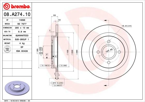 Brembo 08.A274.10 - Bremžu diski ps1.lv