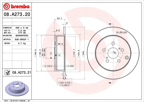 Brembo 08.A273.21 - Bremžu diski ps1.lv