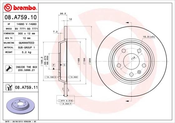 Brembo 08.A759.10 - Bremžu diski ps1.lv