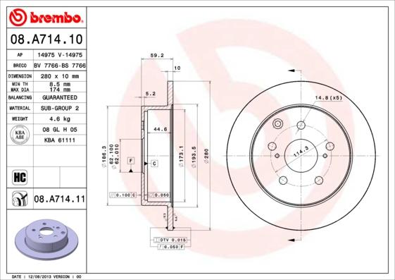 Brembo 08.A714.11 - Bremžu diski ps1.lv