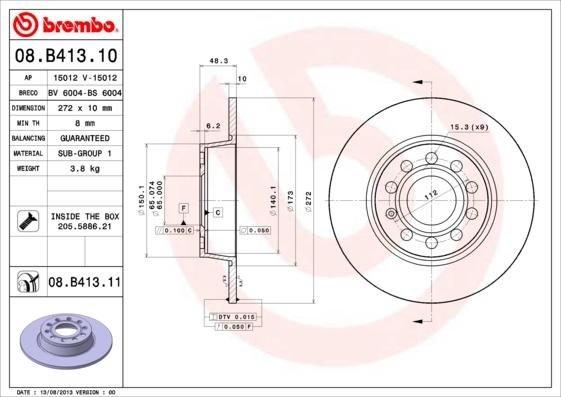 Brembo 08.B413.10 - Bremžu diski ps1.lv