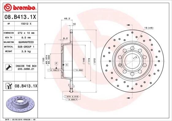 Brembo 08.B413.1X - Bremžu diski ps1.lv