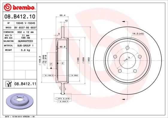 Brembo 08.B412.11 - Bremžu diski ps1.lv