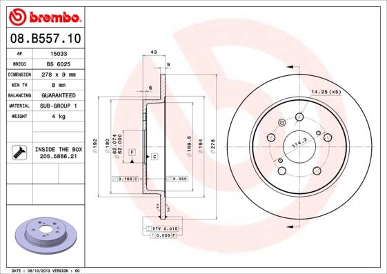 Brembo 08.B557.10 - Bremžu diski ps1.lv