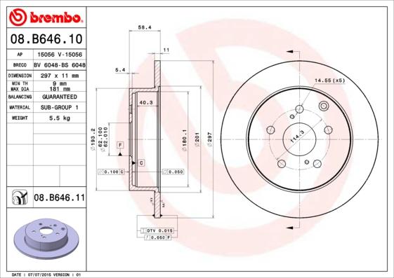 Brembo 08.B646.11 - Bremžu diski ps1.lv